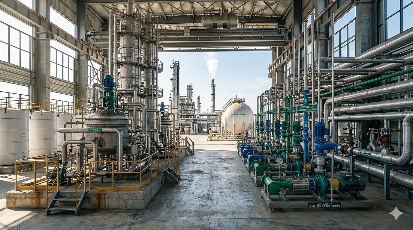 Petrochemical plant exterior — utility piping racks under a clear sky