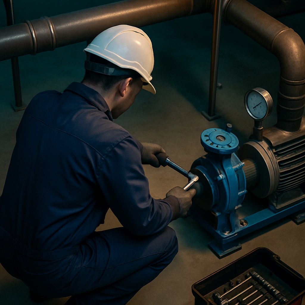 AMC technician servicing pump as part of preventive maintenance