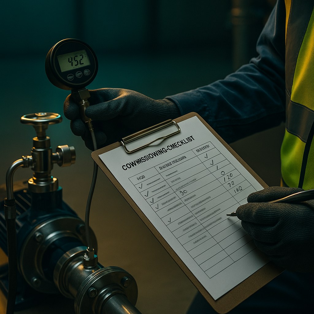 Engineers in PPE reviewing commissioning documents on plant room floor